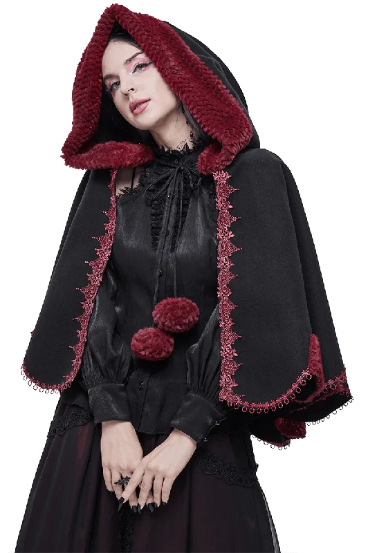 Gothic Floral Embroidered Splice Cape with Pompons / Black Short Cape with Red Guipure