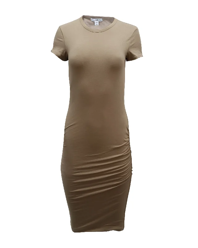 James Perse Ruched T-shirt Dress in Tan Cotton