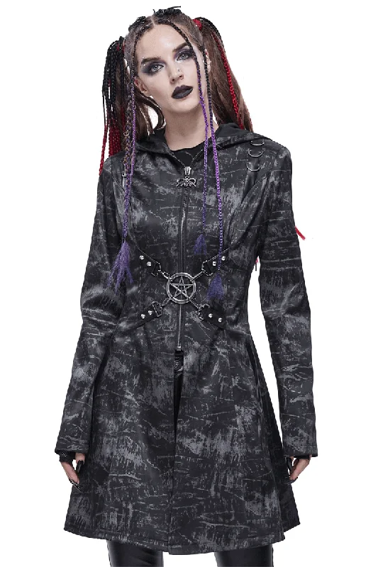 Gothic Punk Women's Hooded Long Coat with Zipper / Stylish Coat With Cross Buckle Belts & Pentagram