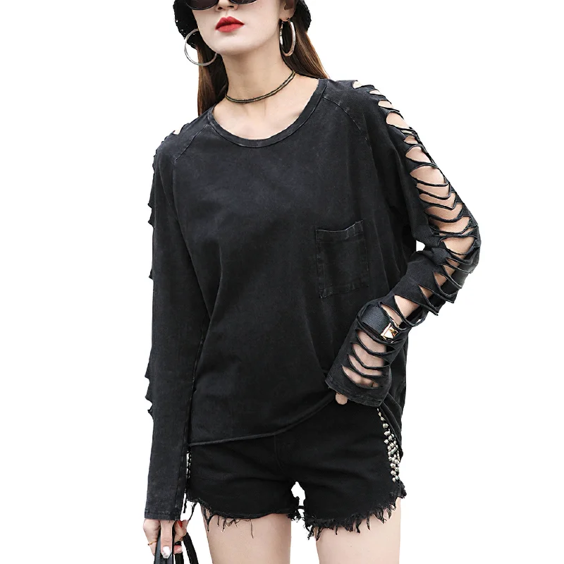 Gothic Women's T-Shirt with Long Sleeve / Black Loose Slim Hollow Pullover