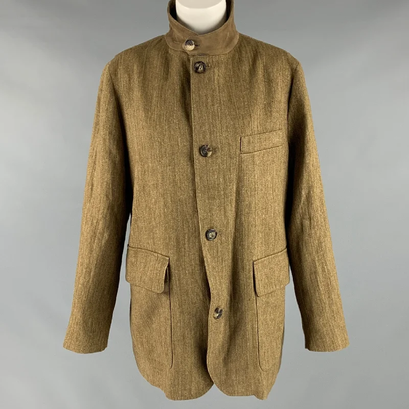 LORO PIANA Size S Brown Olive Flax Herringbone Zip Up Coat