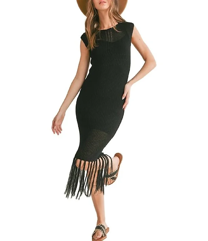 Mila Knitted Fringe Hem Midi Dress In Black