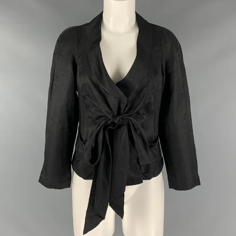 DONNA KARAN Size 8 Black Linen Viscose Tied Front Jacket  Blazer