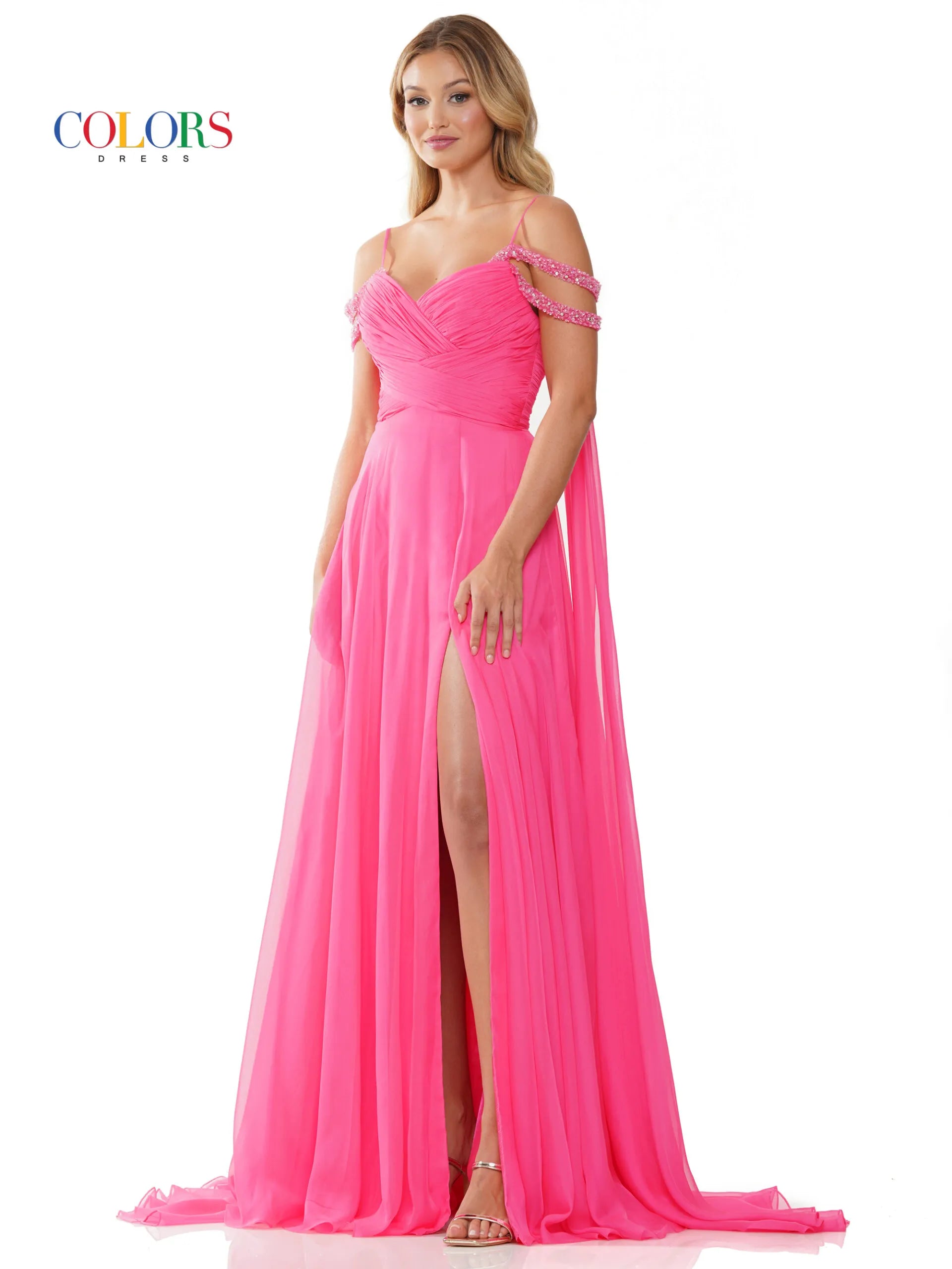 Colors Dress 3101 Size 4 Hot Pink A Line Chiffon Pageant Dress Cape Maxi Slit Prom Gown off the shoulder straps