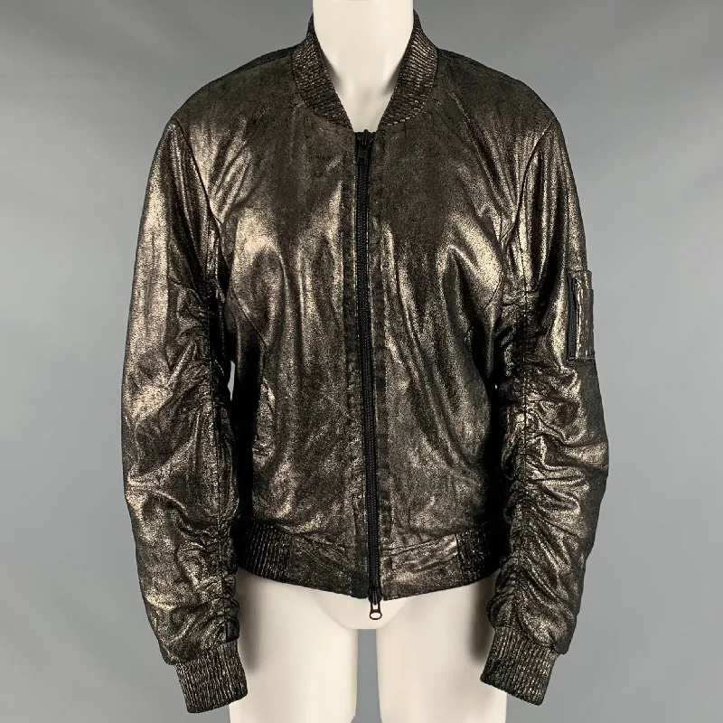 MUUBAA Size 6 Silver Leather Metallic Lambskin Bomber Jacket