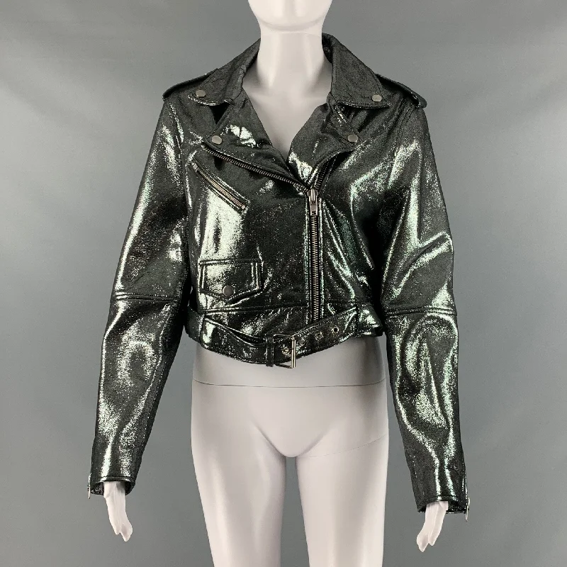 REBECCA MINKOFF Size S Silver Leather Metallic Biker Jacket