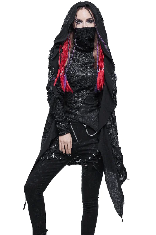 Gothic Punk Irregular Hooded Trench Coat / Stylish Loose Cape with Metal Pentagrams