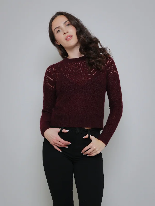 Scalloped Pointelle Yoke Crew - Bordeaux