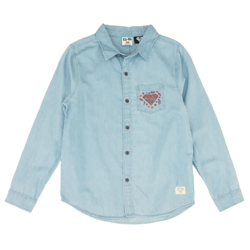 Blue Solid Long Sleeve Button Down