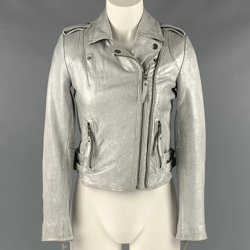 JOIE Size XS Silver Leather Metallic Lambskin Biker Jacket