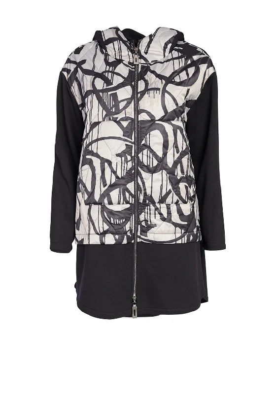 Ora Print Design Quilted Long Jacket, Black