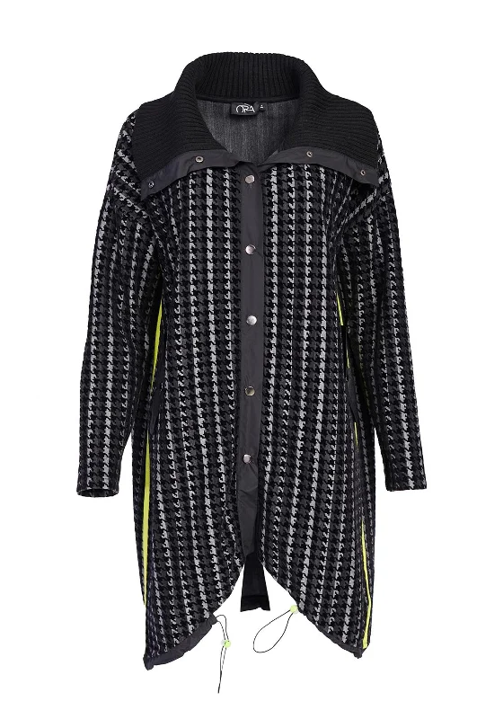 Ora Houndstooth Print Light Long Coat, Black